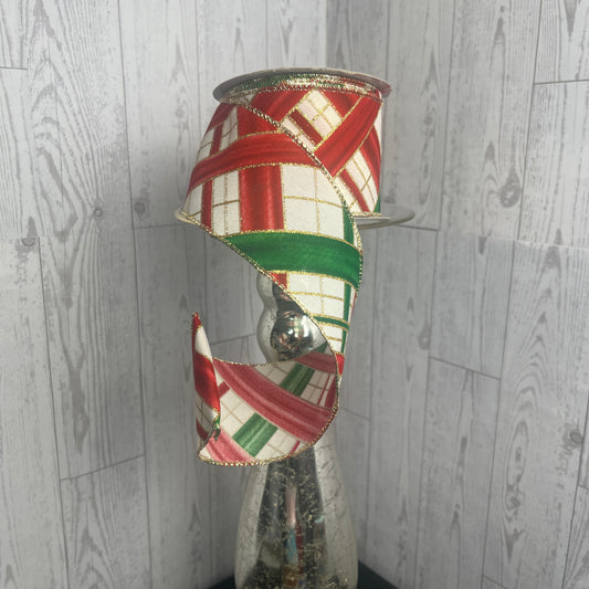 2.5"X10YD TWO TONE STRIPE CHECK Cream Red Green Gold