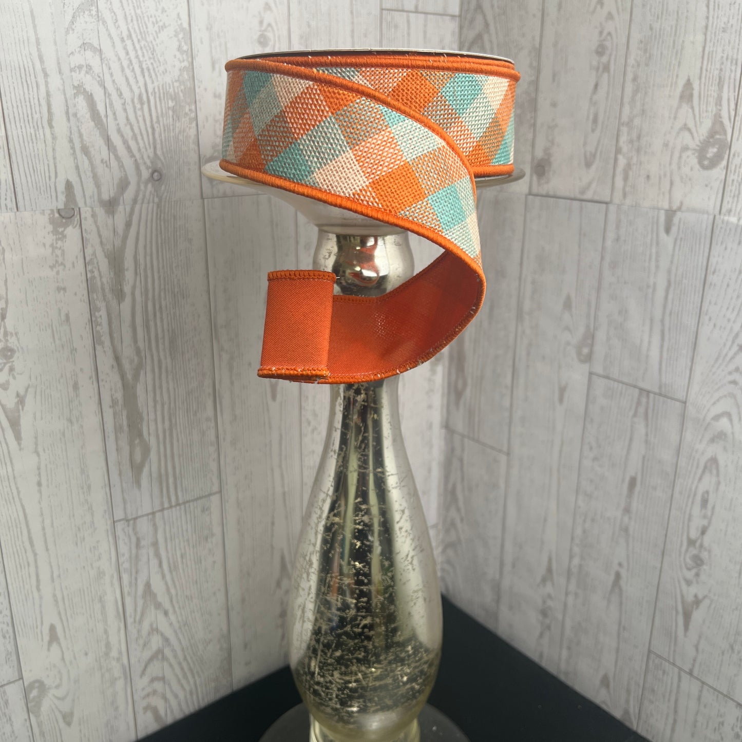 1.5"X10YD DIAG WOVEN CHECK/PG FUSED Teal Orange Cream