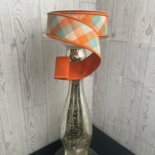 1.5"X10YD DIAG WOVEN CHECK/PG FUSED Teal Orange Cream