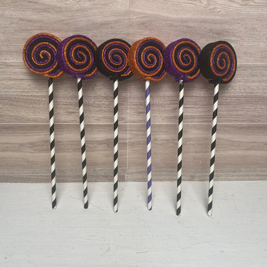 Orange, Purple & Black Halloween MINI Foam Lollipops (6)