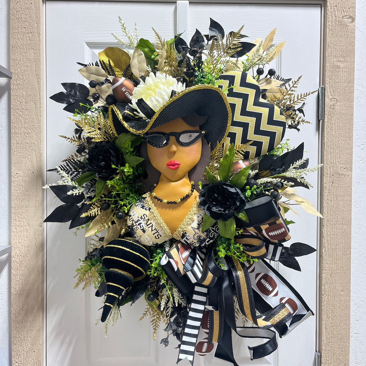 24” Black and Gold themed Brown Woman with glasses and hat Wreath