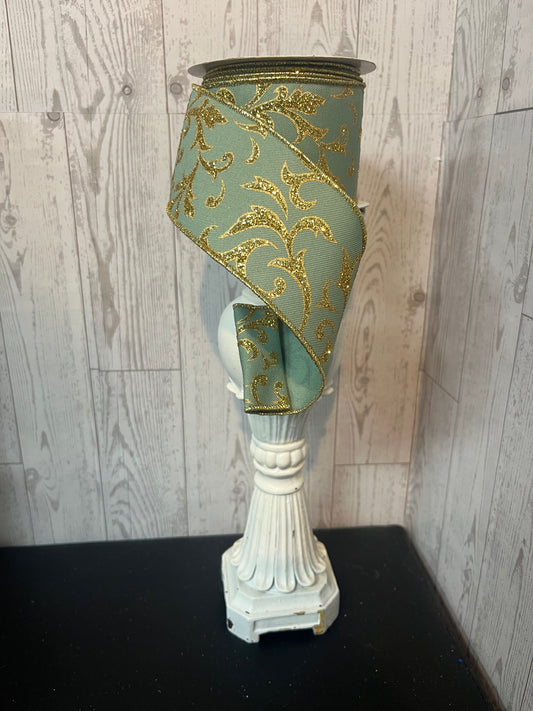 2.5"X10YD ACANTHUS LEAF Sage Green, Gold