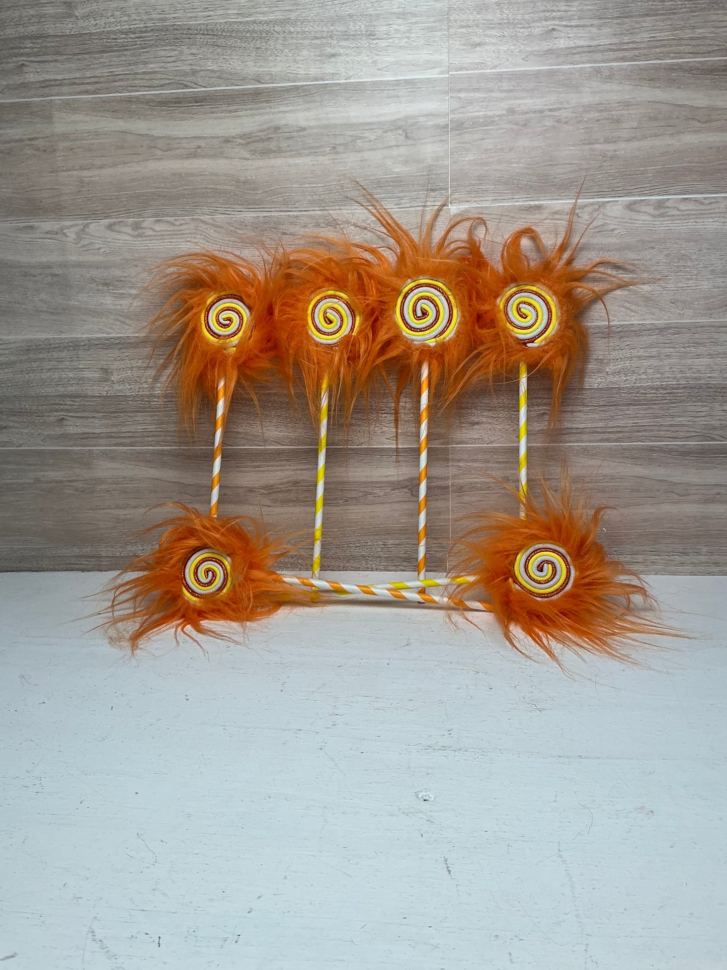 Furry Mini Lollipops- Yellow, Orange, White with Orange Fur (Set of 6) Candy Corn