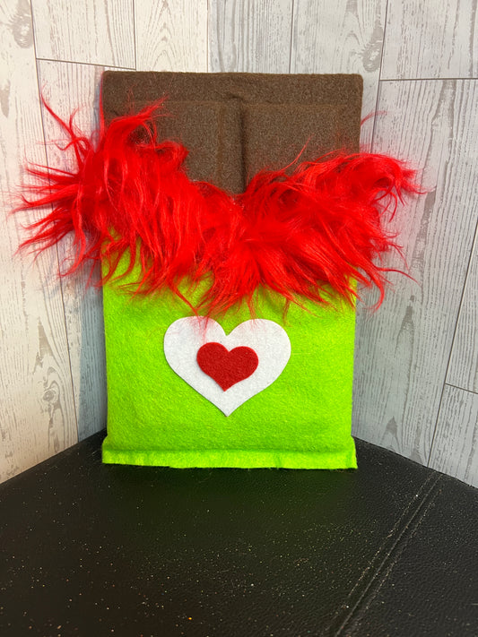 Faux Chocolate Candy Bar - Lime w/red fur trim & white red heart