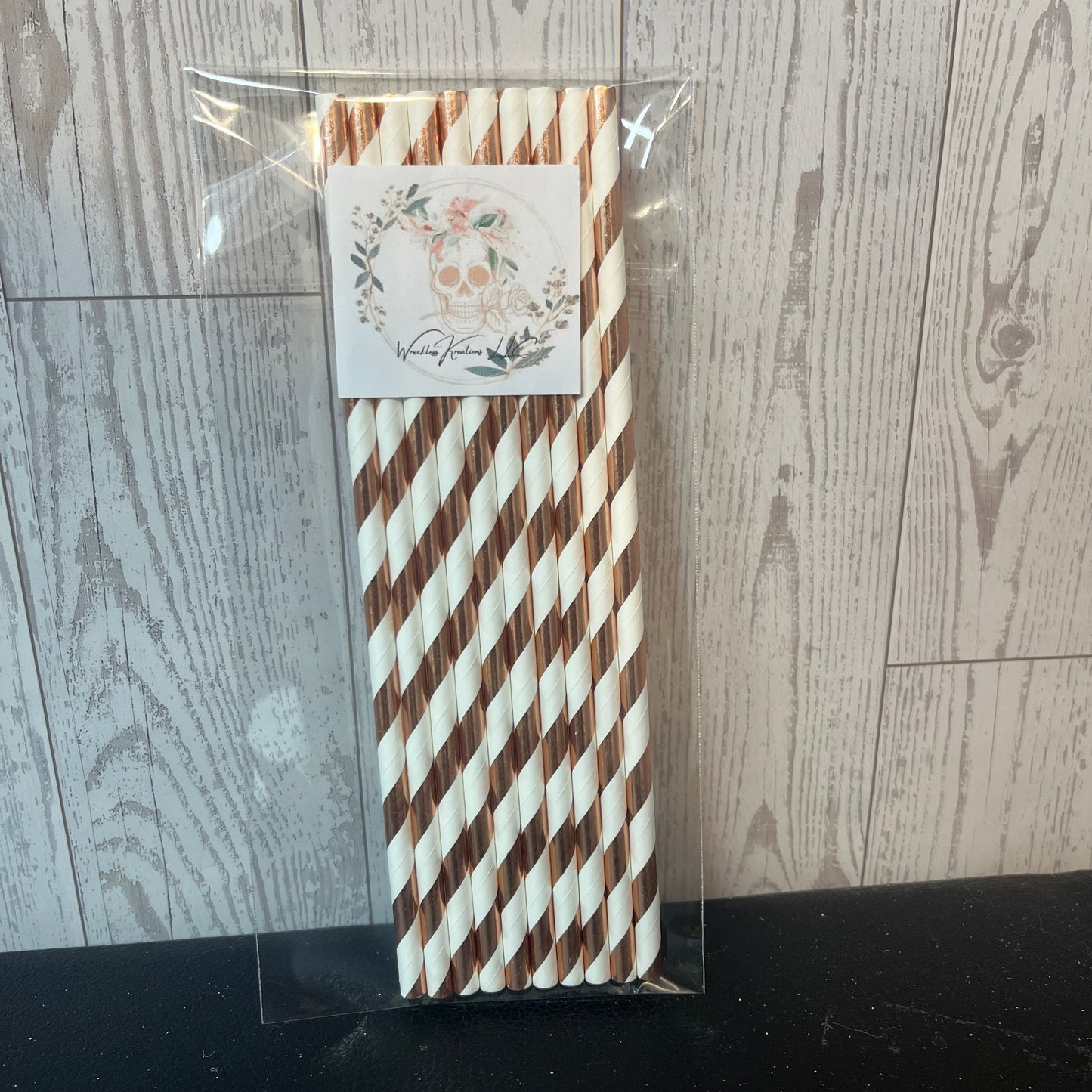Paper Straws (10 pack) White with Metallic Pink Stripes