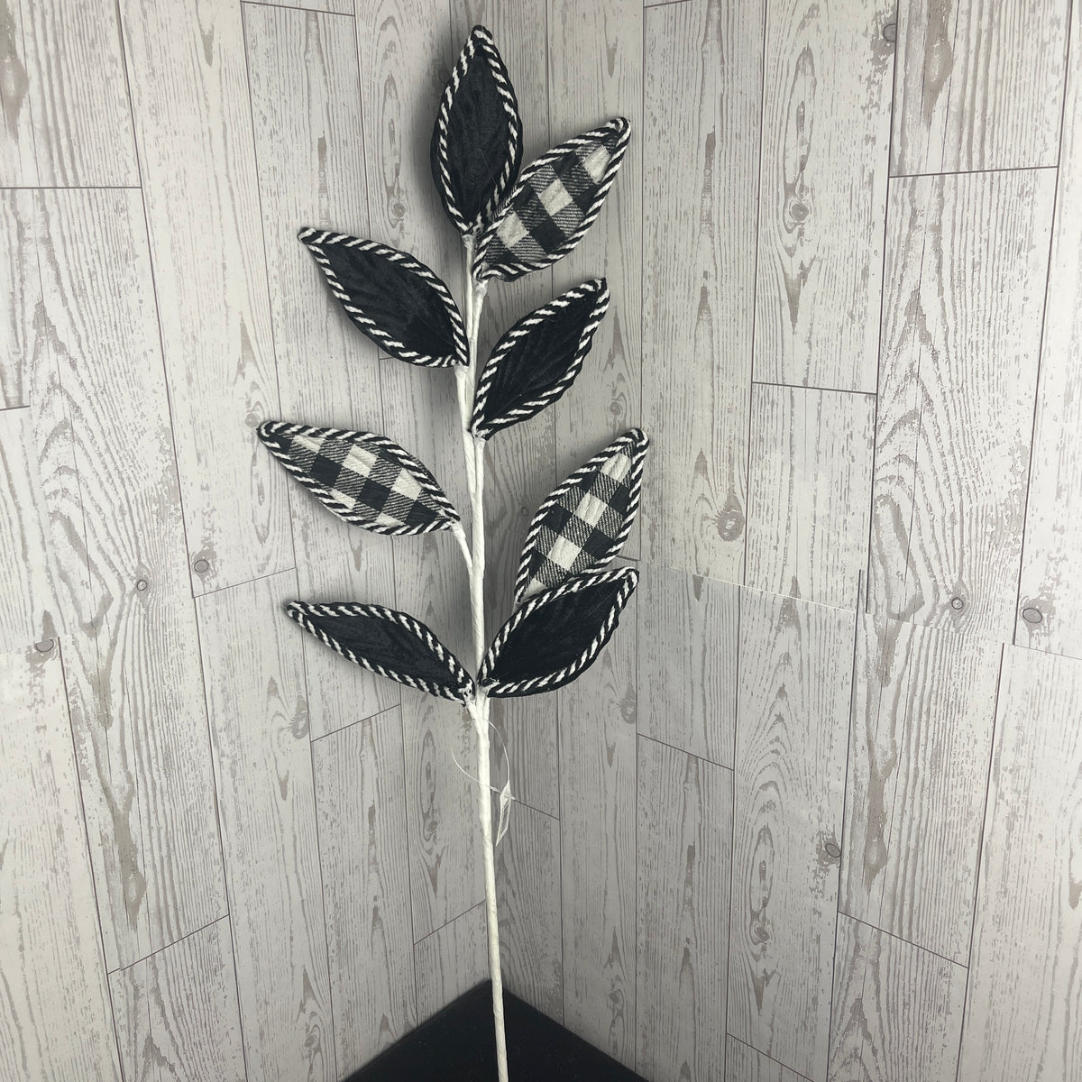 Black White Velvet Plaid leaf Spray