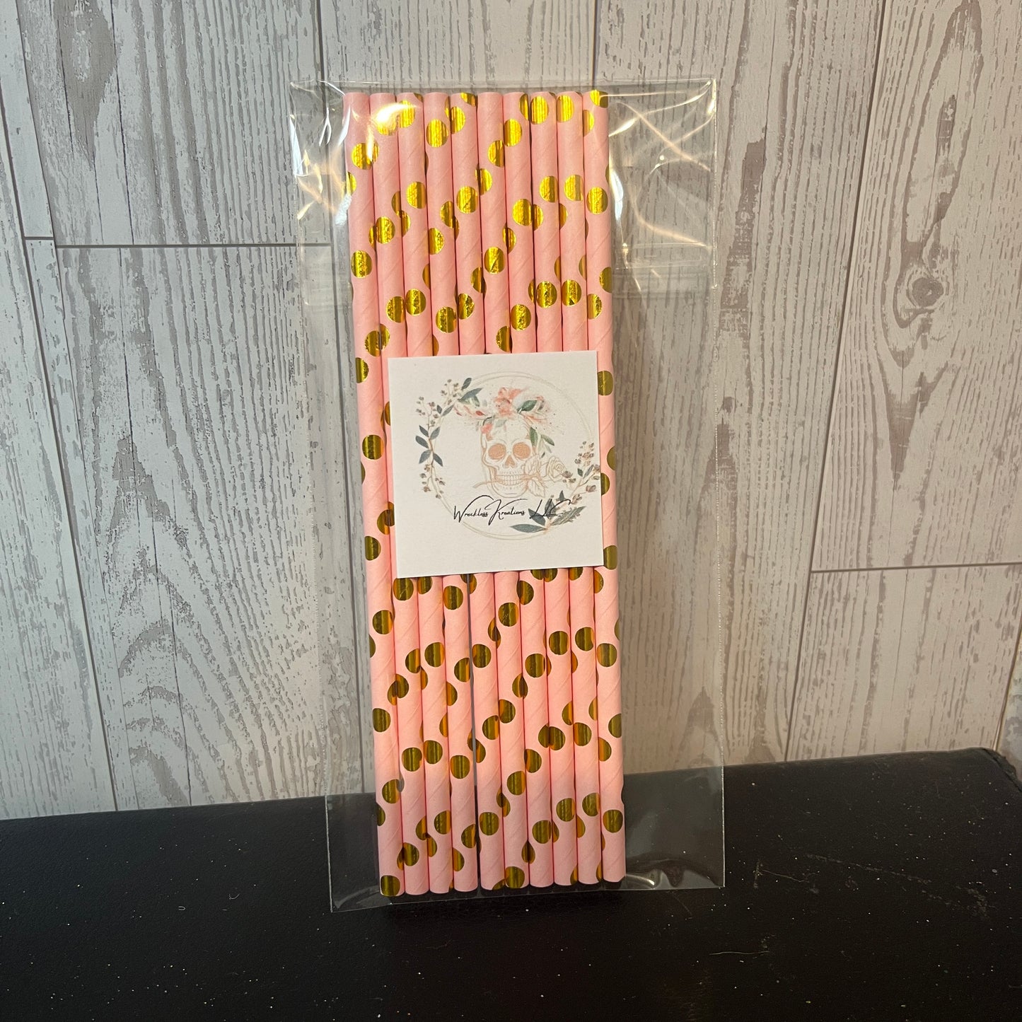 Paper Straws (10 pack) Pink with gold dots