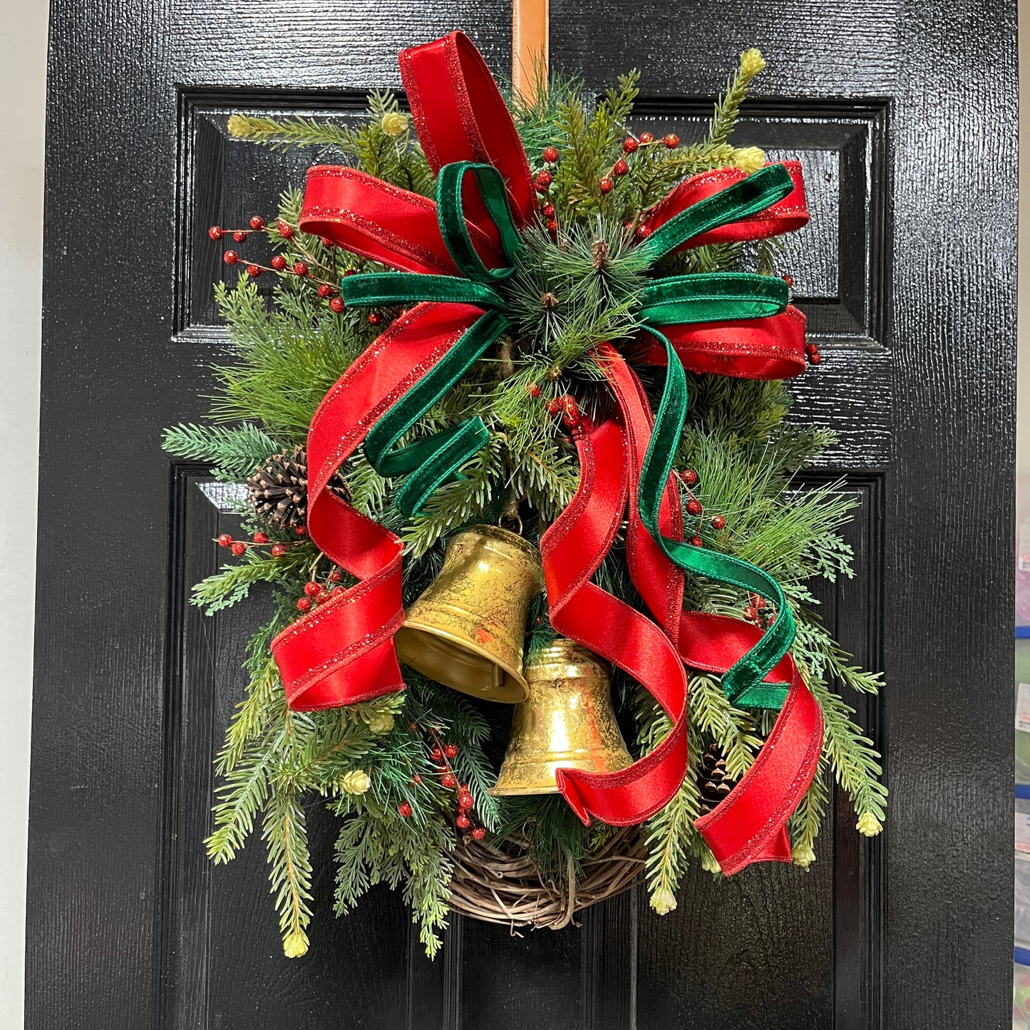 18” Traditional Pine Rustic Christmas with Gold Bells  Wreath