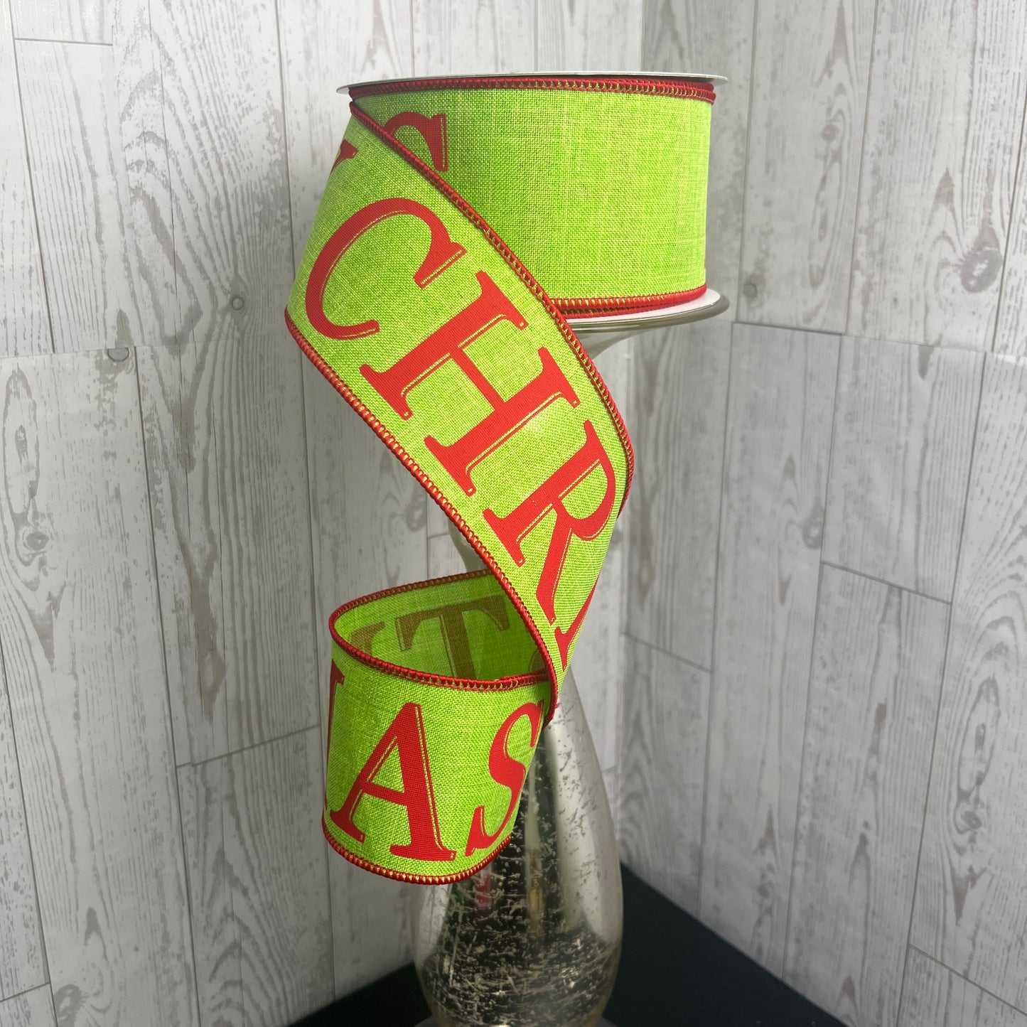 2.5"X10YD MERRY CHRISTMAS ON ROYAL Lime Green Red