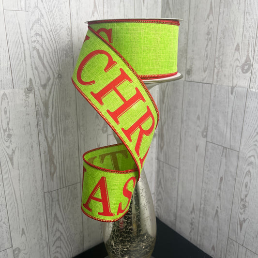 2.5"X10YD MERRY CHRISTMAS ON ROYAL Lime Green Red
