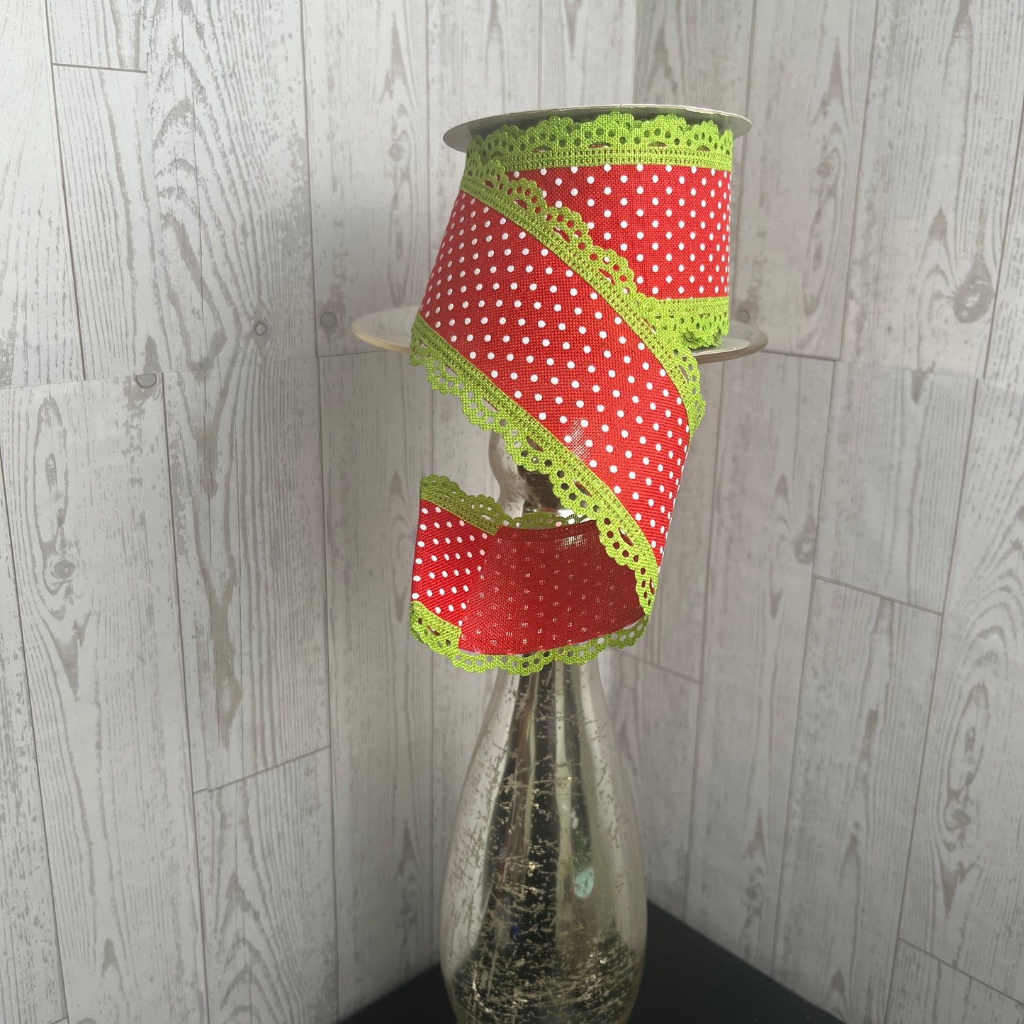 2.5"X10YD RAISED SWISS DOTS W/LACE Red White Lime