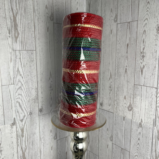 10.25"X10YD FAUX JUTE/THICK STRIPE MESH Red emerald Royal Blue Gold