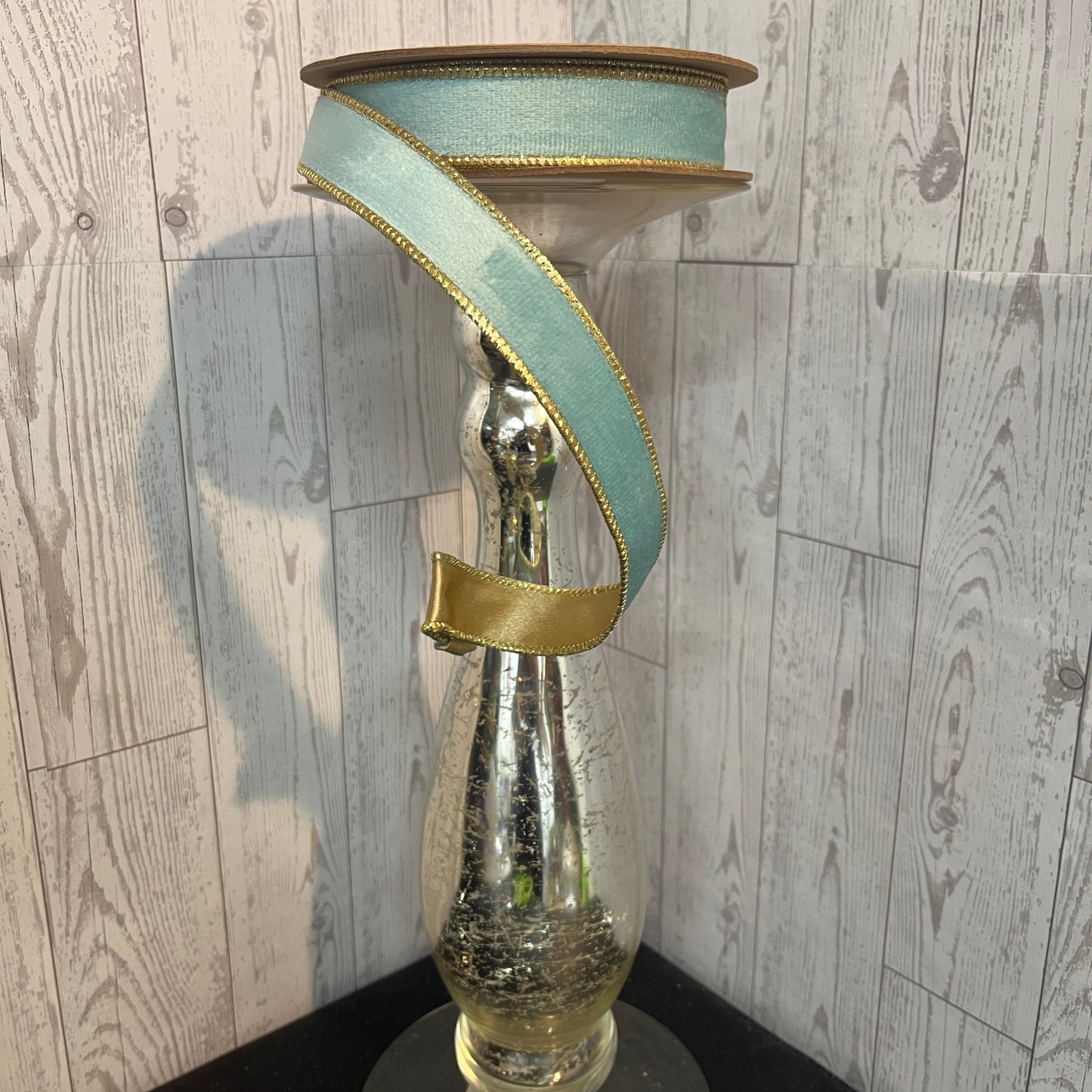 1" Reversible Classic Velvet Wired Ribbon | Aqua/Gold | 10 Yard Roll