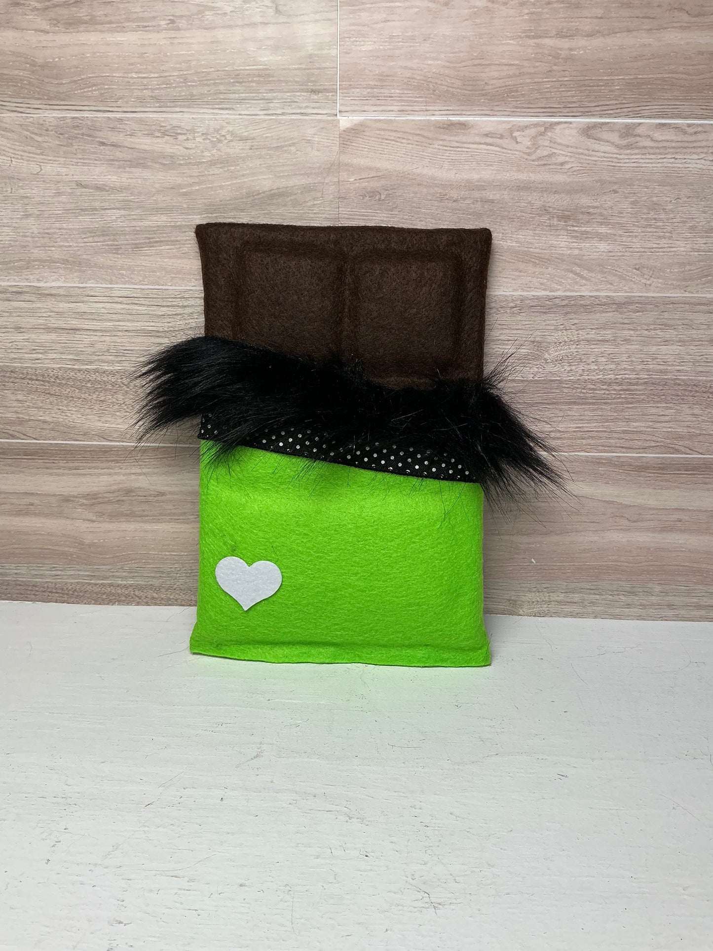 Faux Chocolate Candy Bar - Neon Green with Black Fur (white heart)