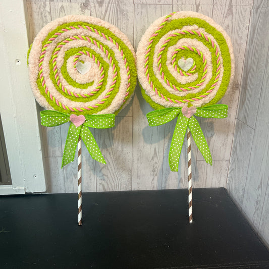 2 Light Pink & White with lime green Yarn lollipops set (sold as 2)