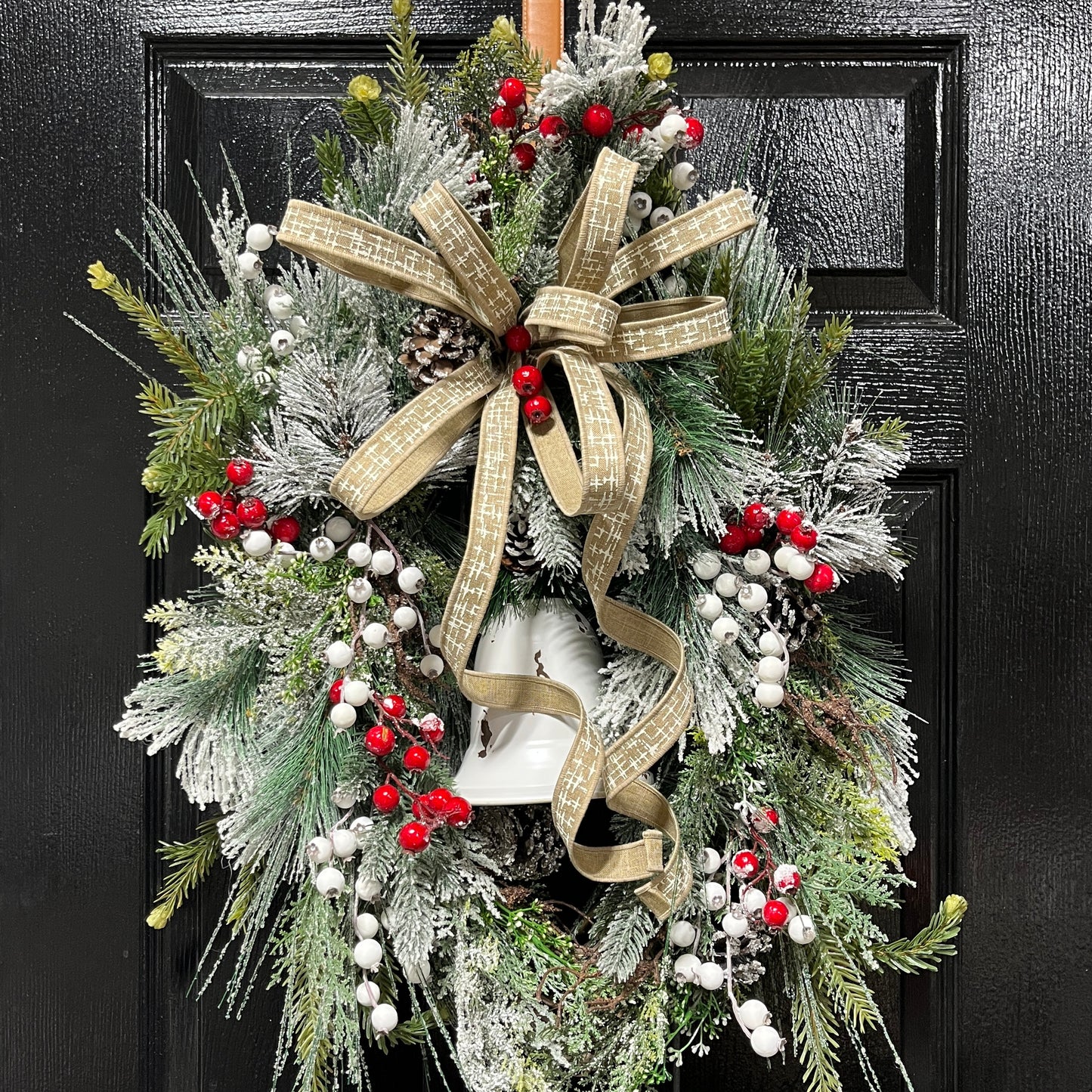 18” Frosted Pine Rustic Christmas with White Bell  Wreath