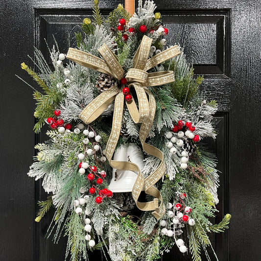 18” Frosted Pine Rustic Christmas with White Bell  Wreath