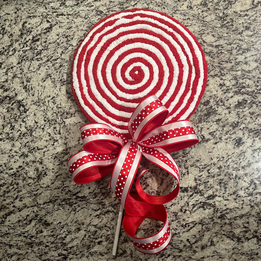 XXL Gigantic Red & White Swirl Yarn Lollipop With Wooden Stick
