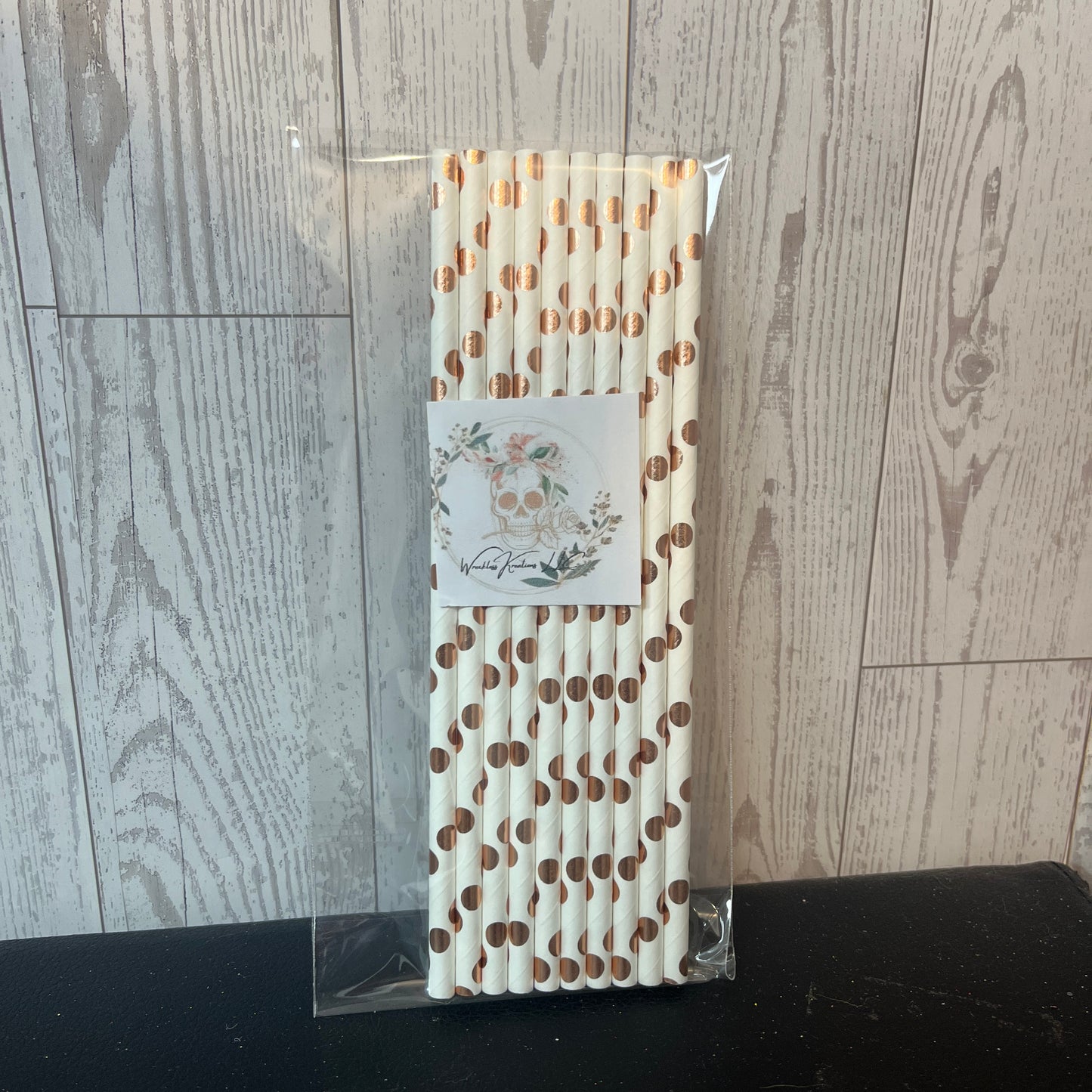 Paper Straws (10 pack) White with Metallic Pink dots
