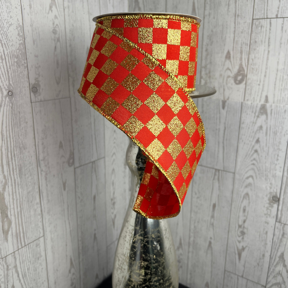 2.5"X10YD PRINT GLITTER CHECK Red Gold