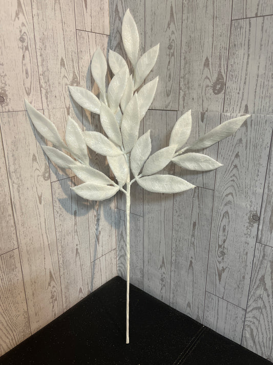 22" White Glitter Bay Leaf Spray