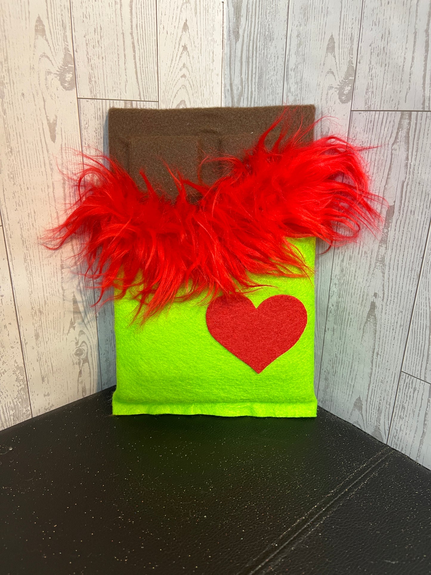 Faux Chocolate Candy Bar - Lime w/red fur trim & red heart