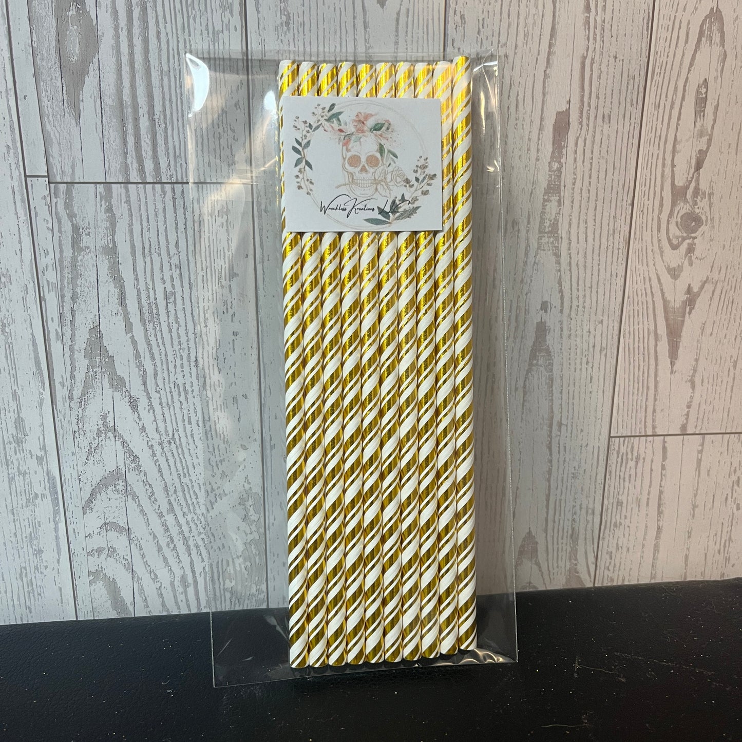 Paper Straws (10 pack) White with more Metallic Gold Stripes