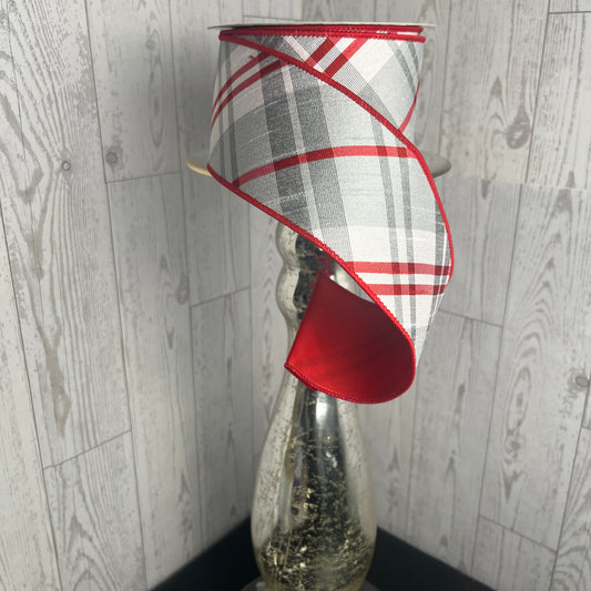 2.5"X10YD BIAS CUT DUPIONI PLAID/FUSED Cool Grey White Red
