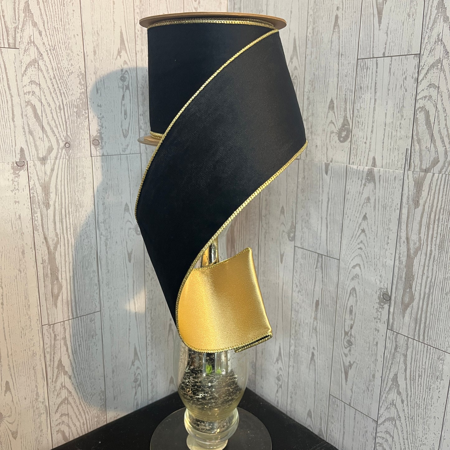 4" Reversible Classic Velvet/Shimmer Wired Ribbon | Black/Gold | 10 Yard Roll