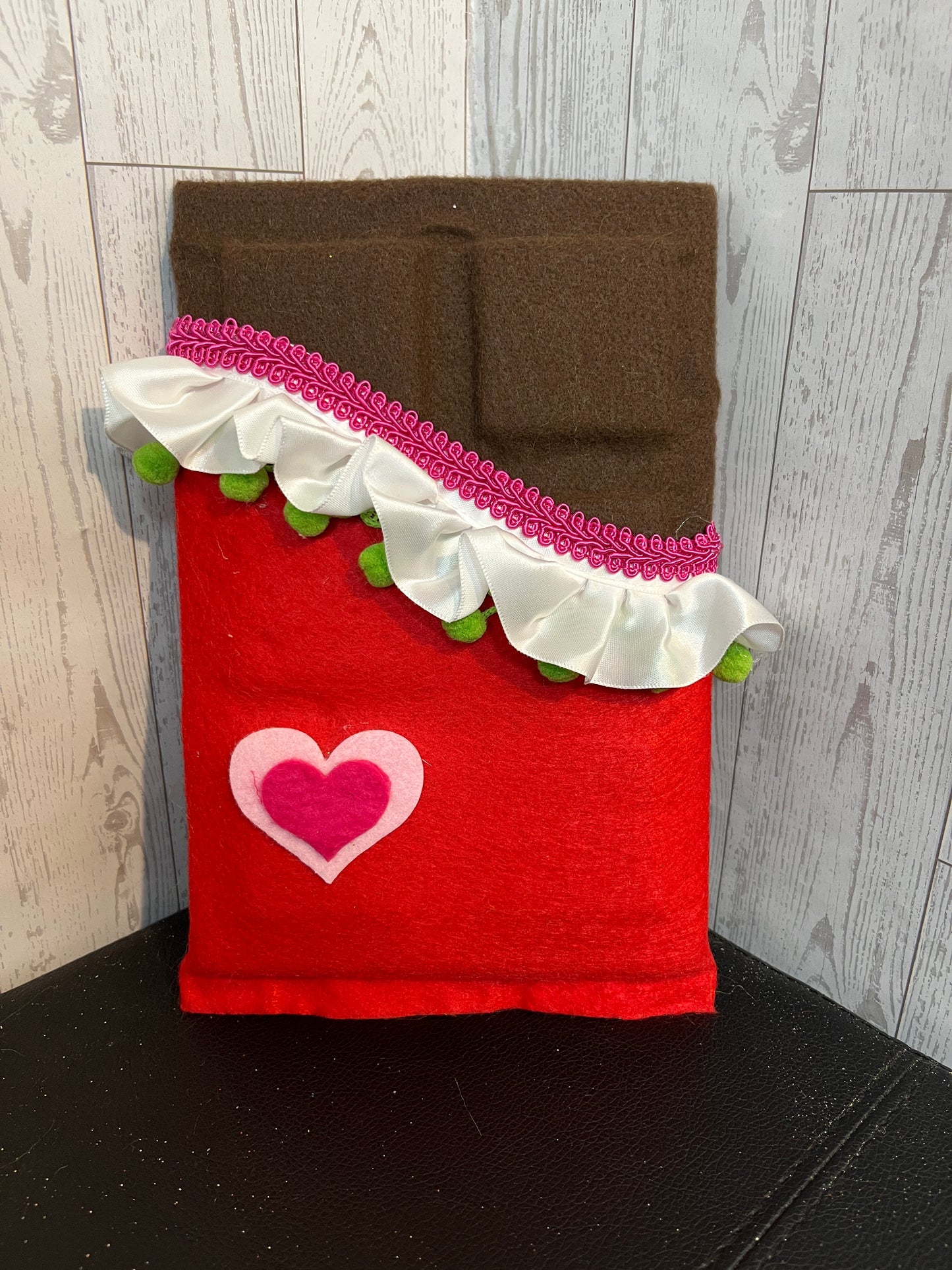 Faux Chocolate Candy Bar - Red w/White and lime ball trim & red light pink heart