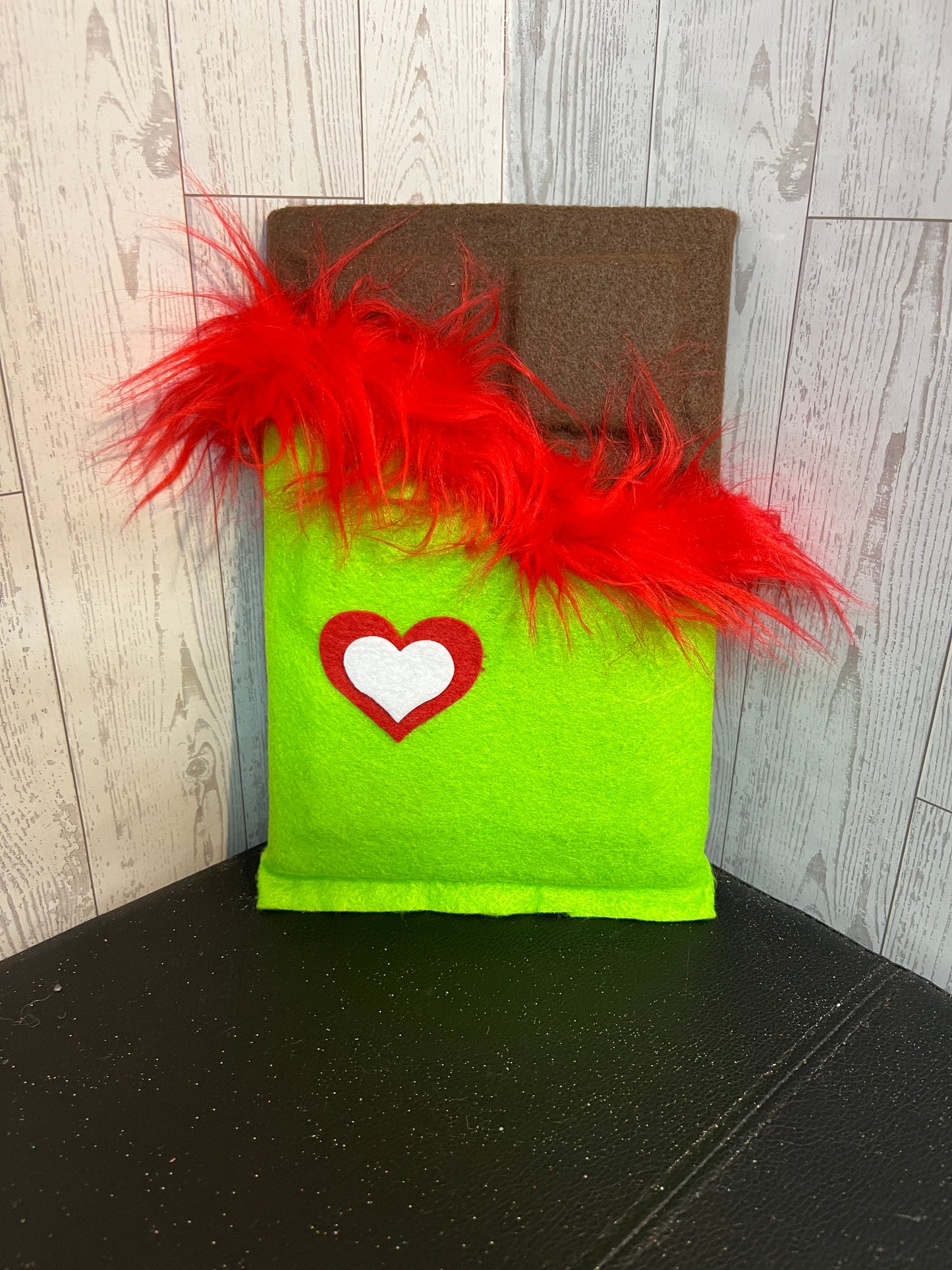 Faux Chocolate Candy Bar - Lime w/red fur trim & red white heart