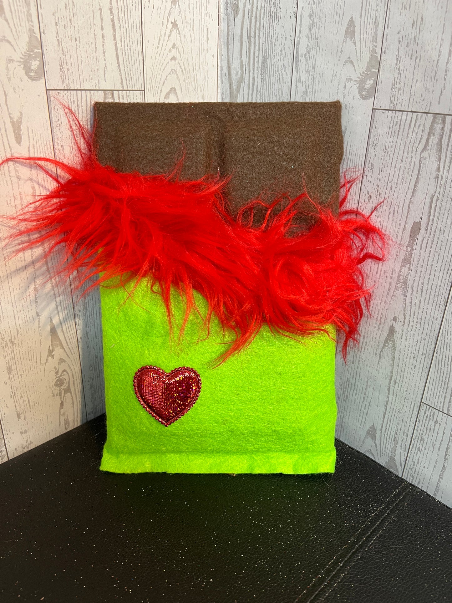 Faux Chocolate Candy Bar - Lime w/Red fur trim & red heart