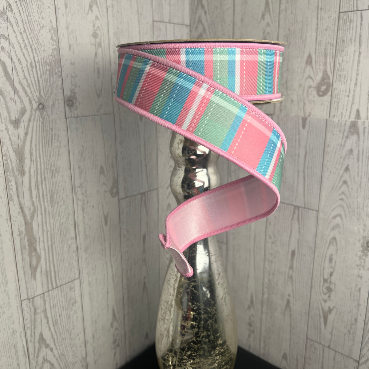 1.5"X10YD DASHED PLAID/FUSED- White Pink Mint