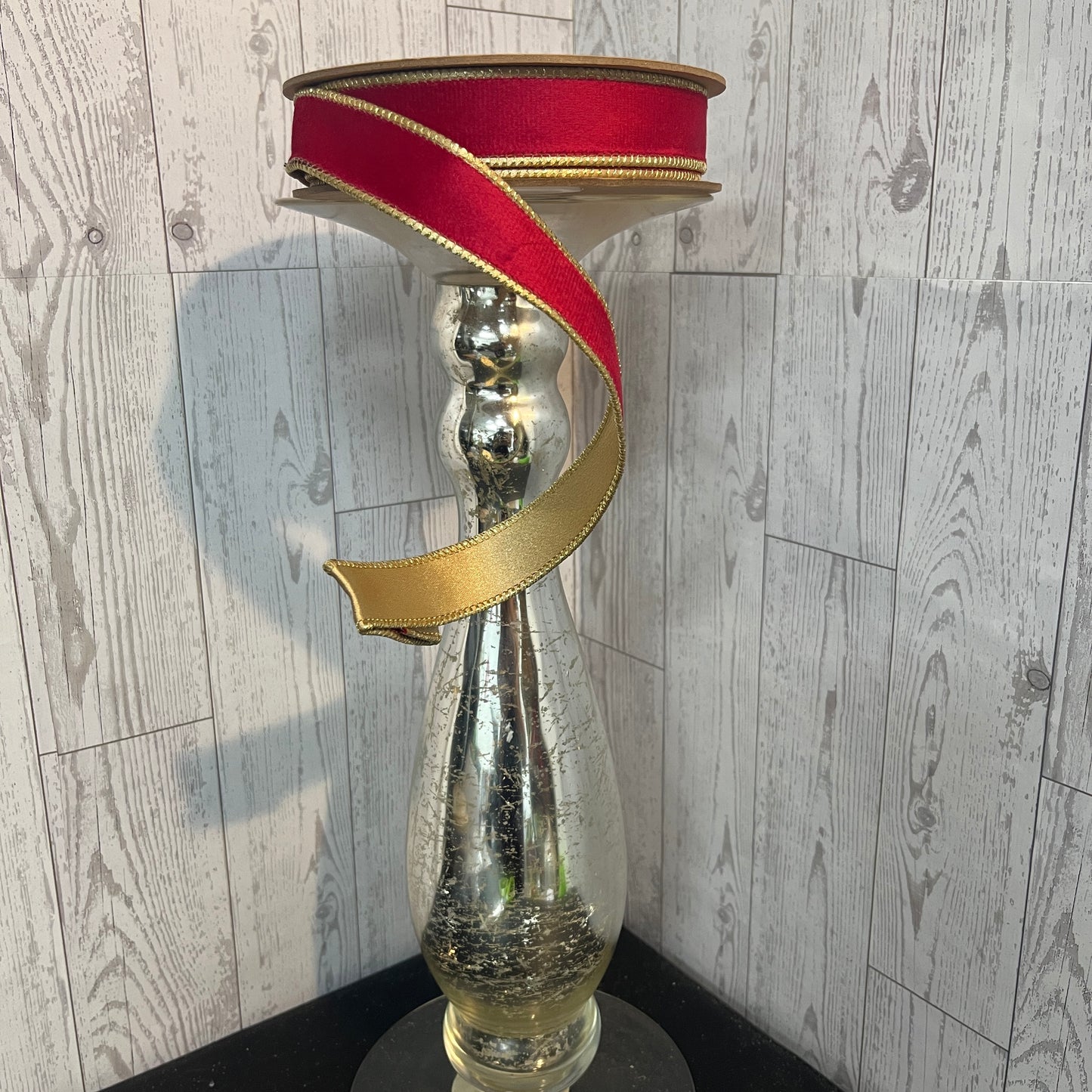 1" Reversible Classic Velvet Wired Ribbon | Christmas Red/Gold | 10 Yard Roll