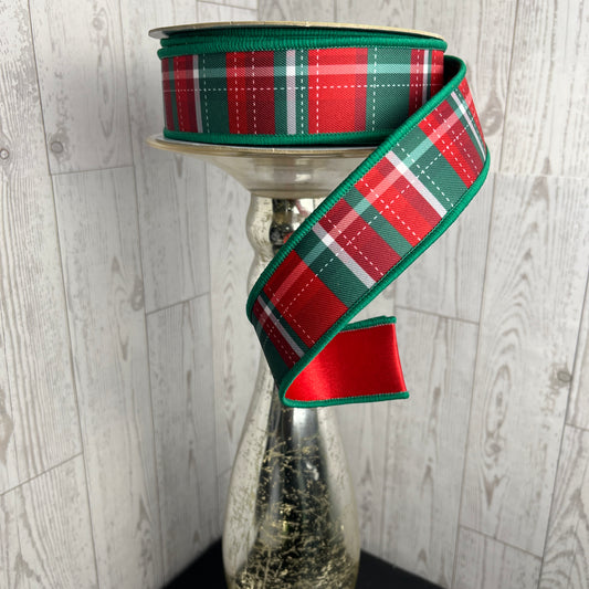 1.5"X10YD DASHED PLAID/FUSED- White Red Emerald