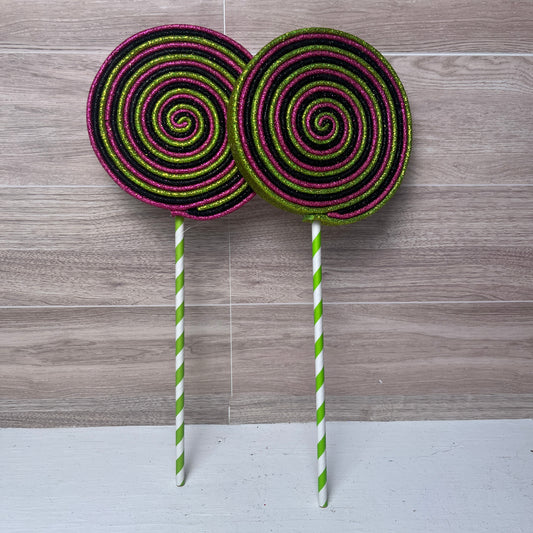 Hot Pink, lime Green and black Foam Lollipops (2)