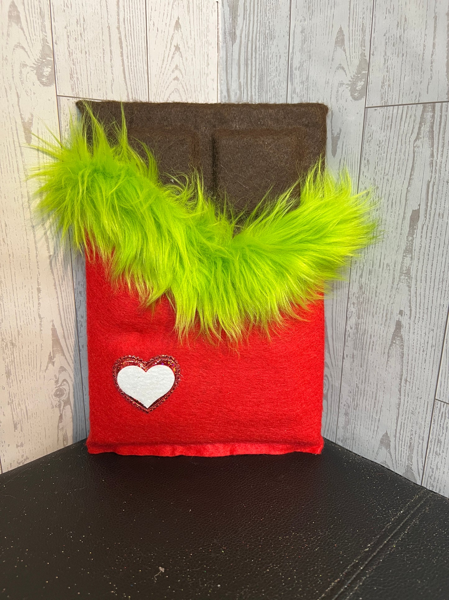 Faux Chocolate Candy Bar - Red w/lime green fur trim & white heart