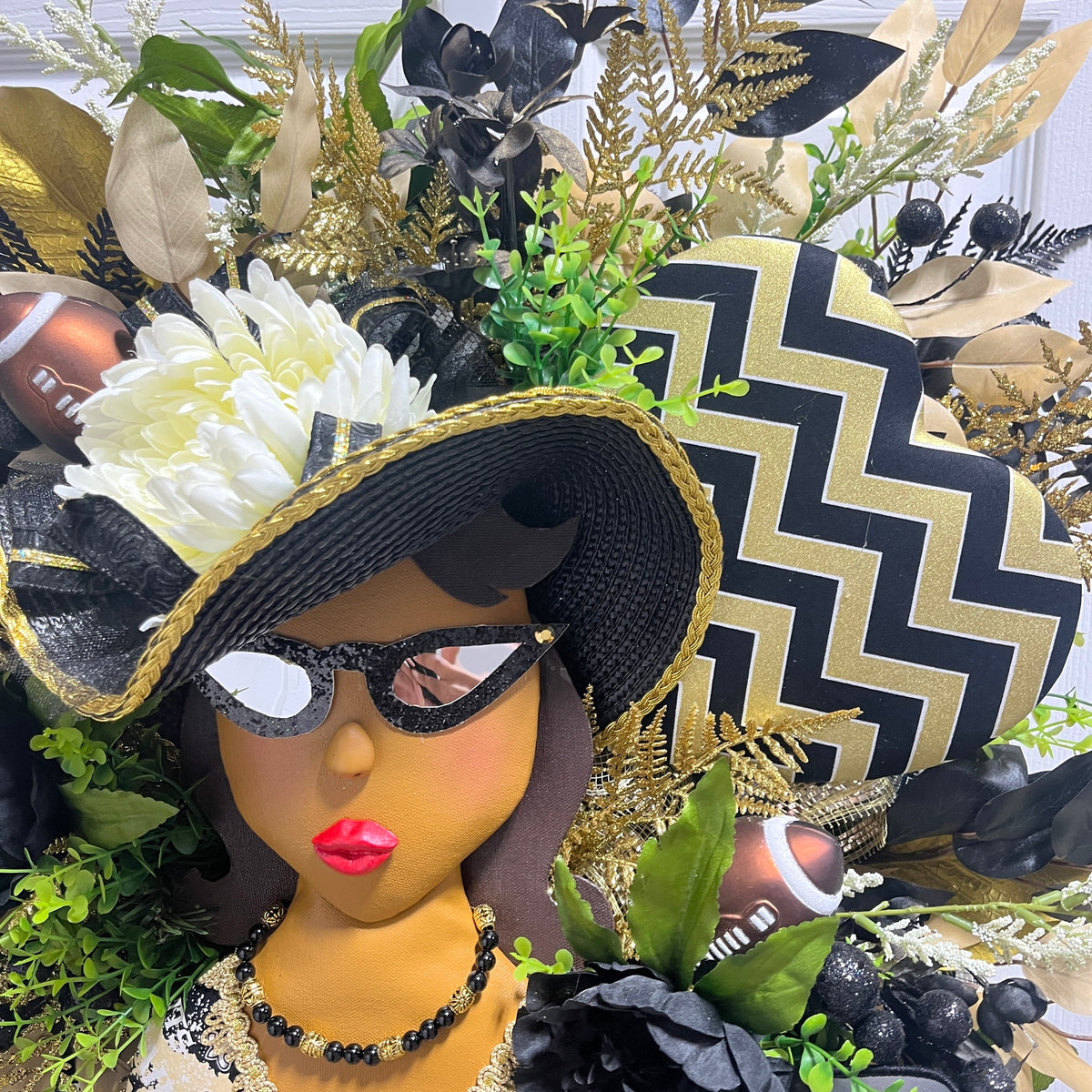 24” Black and Gold themed Brown Woman with glasses and hat Wreath