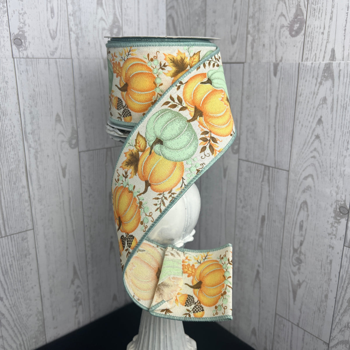 2.5"X10YD PUMPKIN/GOURD/LEAVES Cream light Orange Sage