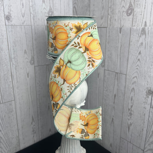 2.5"X10YD PUMPKIN/GOURD/LEAVES Cream light Orange Sage