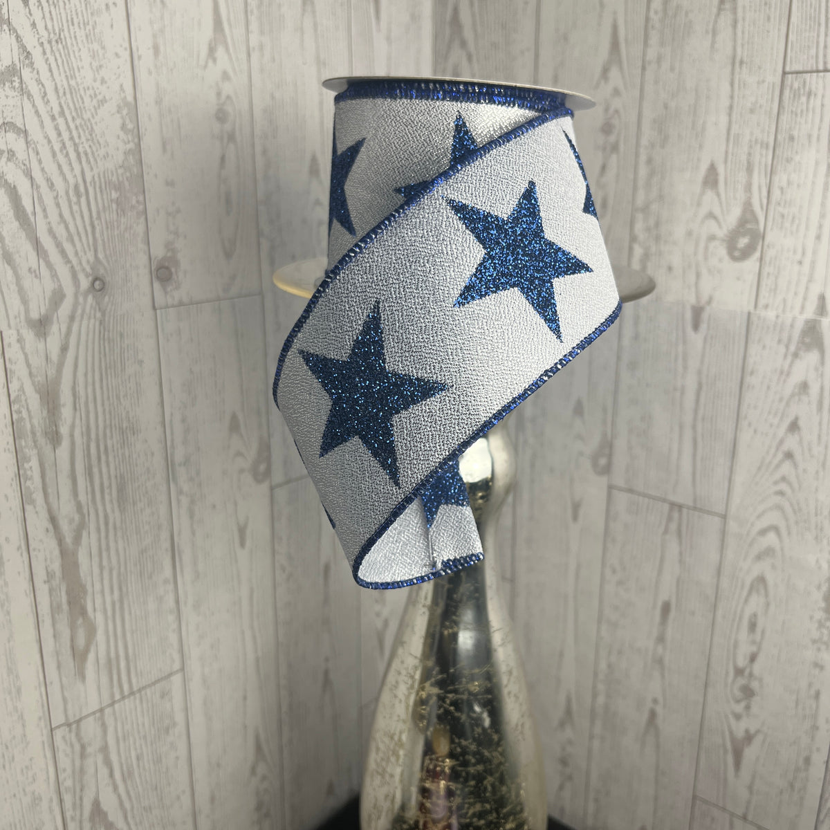 2.5"X10YD BOLD STAR ON METALLIC Silver Navy Blue