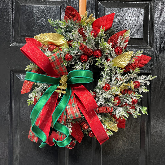 14” Christmas Plaid with Gold poinsettia Wreath