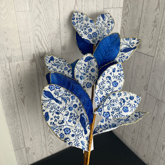 Glam Magnolia Stem- Blue White & Gold Chinoiserie