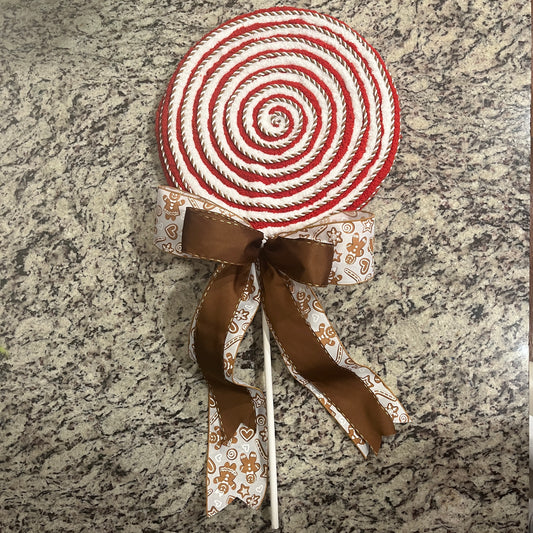 XXL Gigantic Gingerbread Red & White Swirl Yarn Lollipop With Wooden Stick