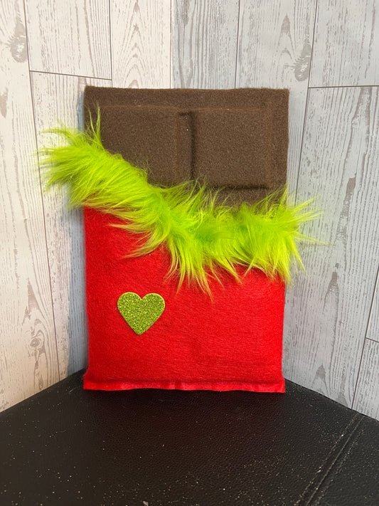 Faux Chocolate Candy Bar - Red w/lime green fur trim & green heart