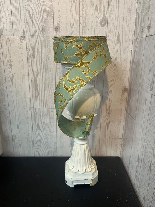 1.5” X10YD ACANTHUS LEAF Sage Green, Gold