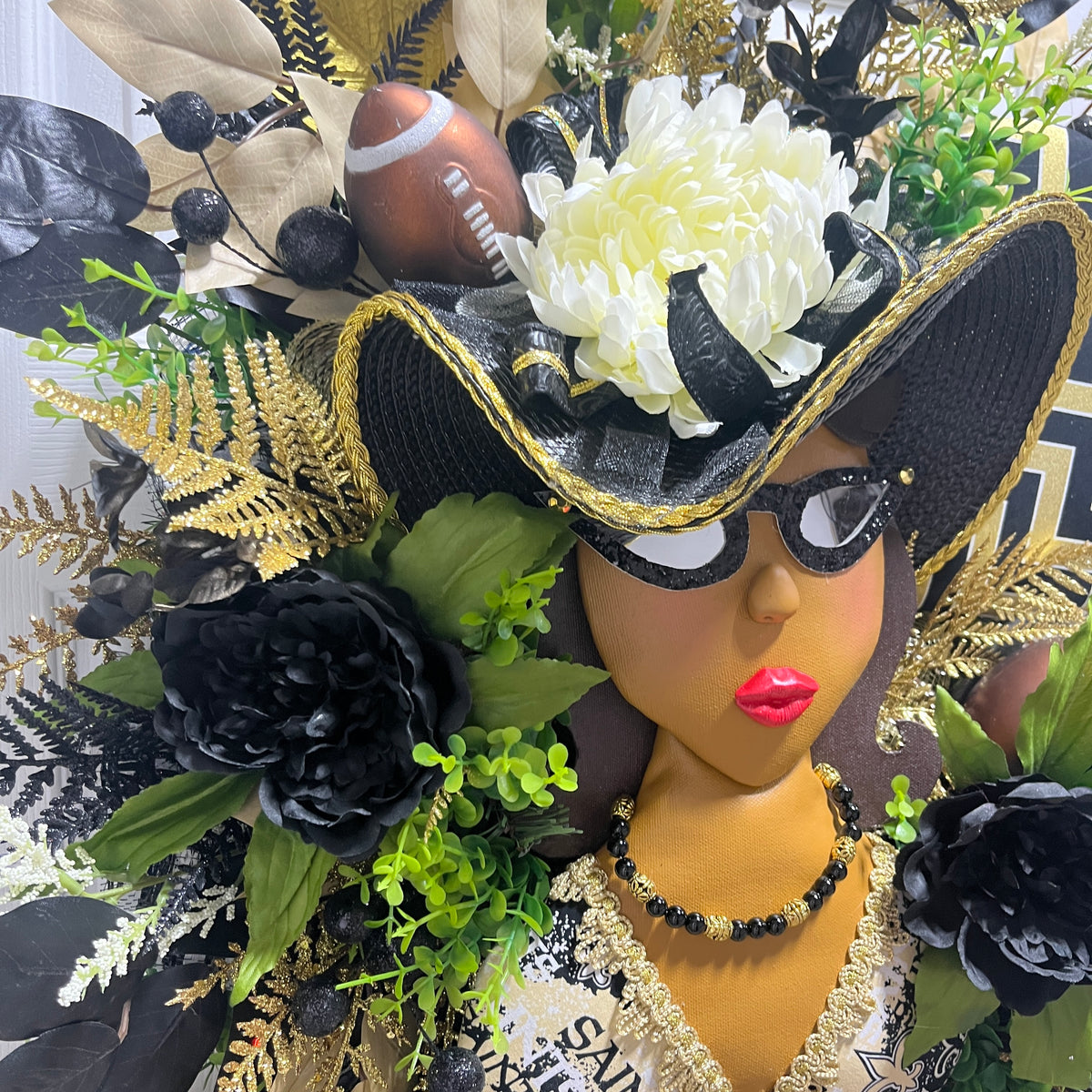 24” Black and Gold themed Brown Woman with glasses and hat Wreath
