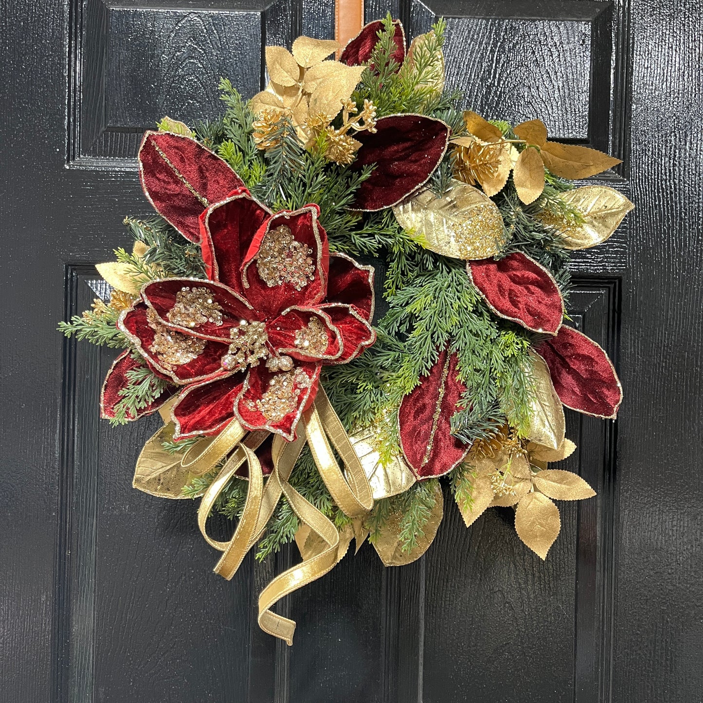 14” Burgundy Gold Magnolia Christmas wreath