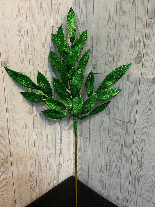 22" Green Glitter Bay Leaf Spray