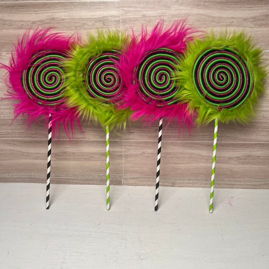 Furry Traditional size Lollipops- Hot pink, black, lime green (pink fur) set of 4